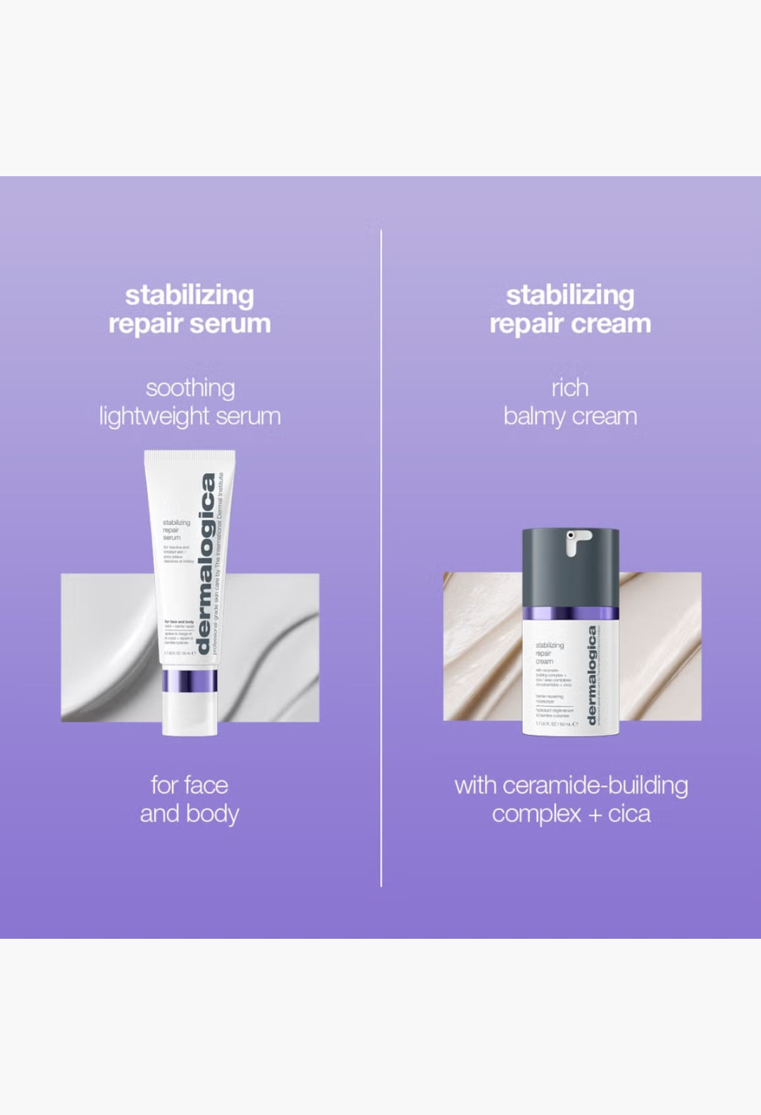 GLAM MODA Dermalogica Stabilizing Repair Serum and cream in white and grey packaging for sensitive skin care