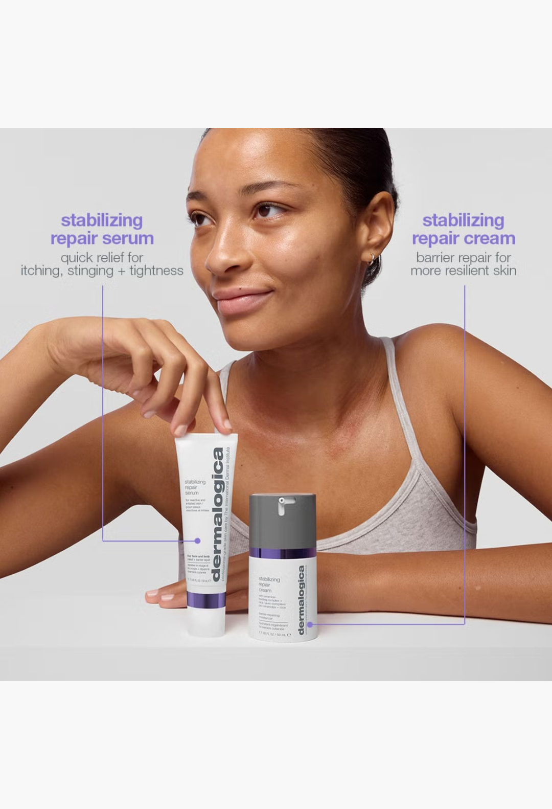 GLAM MODA model posing with Dermalogica Stabilizing Repair Serum tube and pump bottle for sensitive skin care.