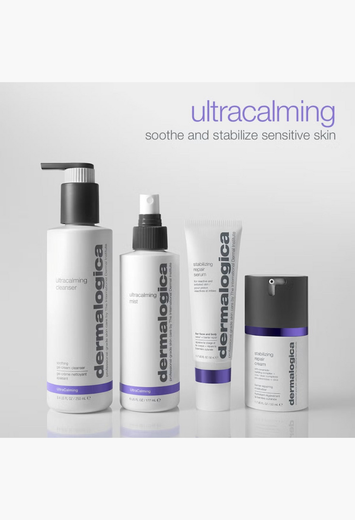 GLAM MODA Dermalogica UltraCalming skincare set including cleanser, mist, and stabilizing repair serum for sensitive skin