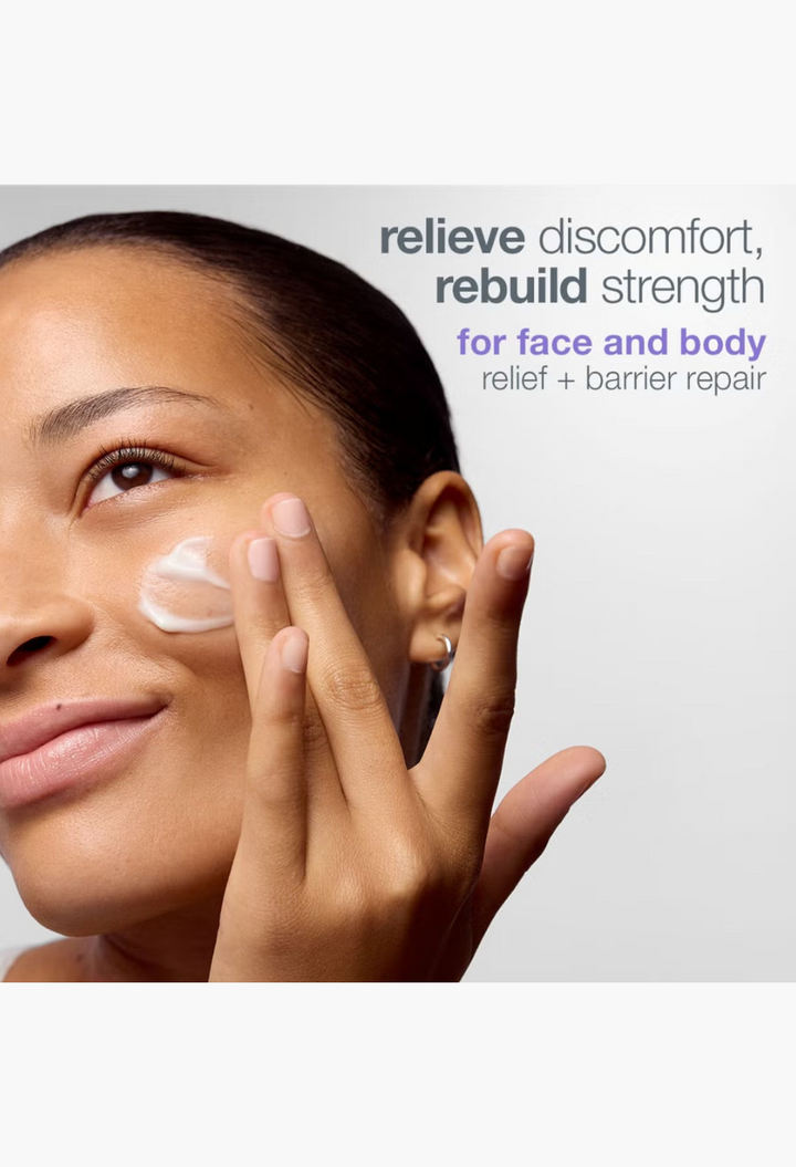 GLAM MODA Dermalogica Stabilizing Repair Serum applied to a woman's cheek to soothe sensitive, reactive skin.