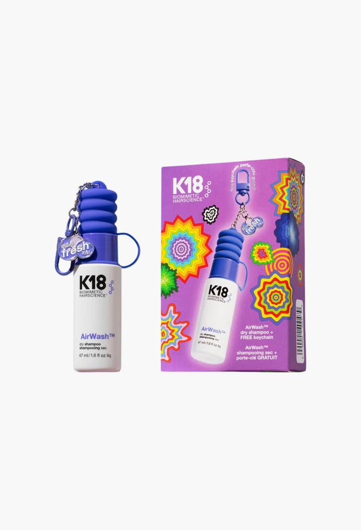 GLAM MODA K18 Fresh Hair on the Go set featuring a mini AirWash dry shampoo bottle with a blue keychain and box.
