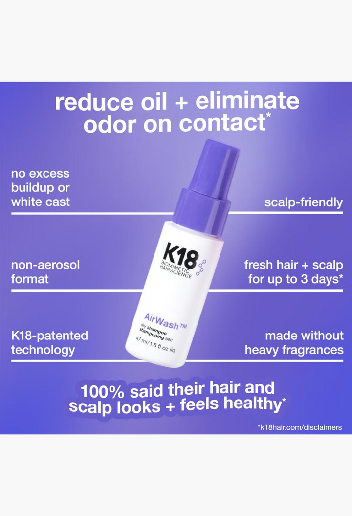 GLAM MODA K18 AirWash dry shampoo mini spray bottle with a purple cap for travel-friendly hair care.