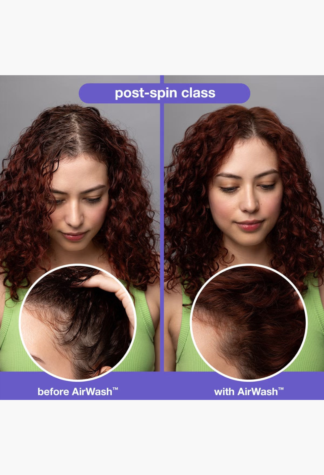 GLAM MODA before and after comparison of curly red hair showing increased volume and texture after using dry shampoo