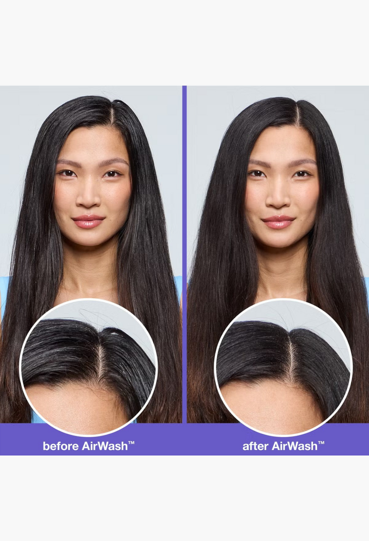 GLAM MODA K18 dry shampoo set showing a woman with long dark hair before and after application for oil absorption