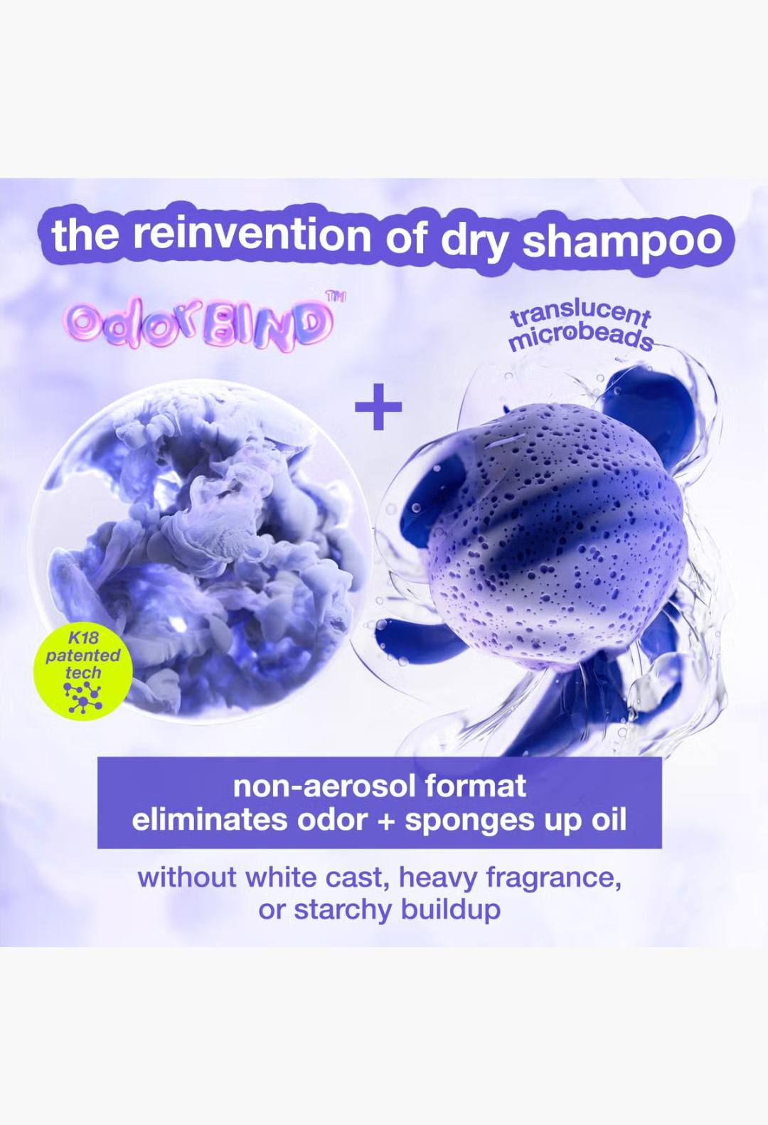 GLAM MODA K18 Airwash dry shampoo molecular art graphic showing odorBIND technology and translucent microbeads