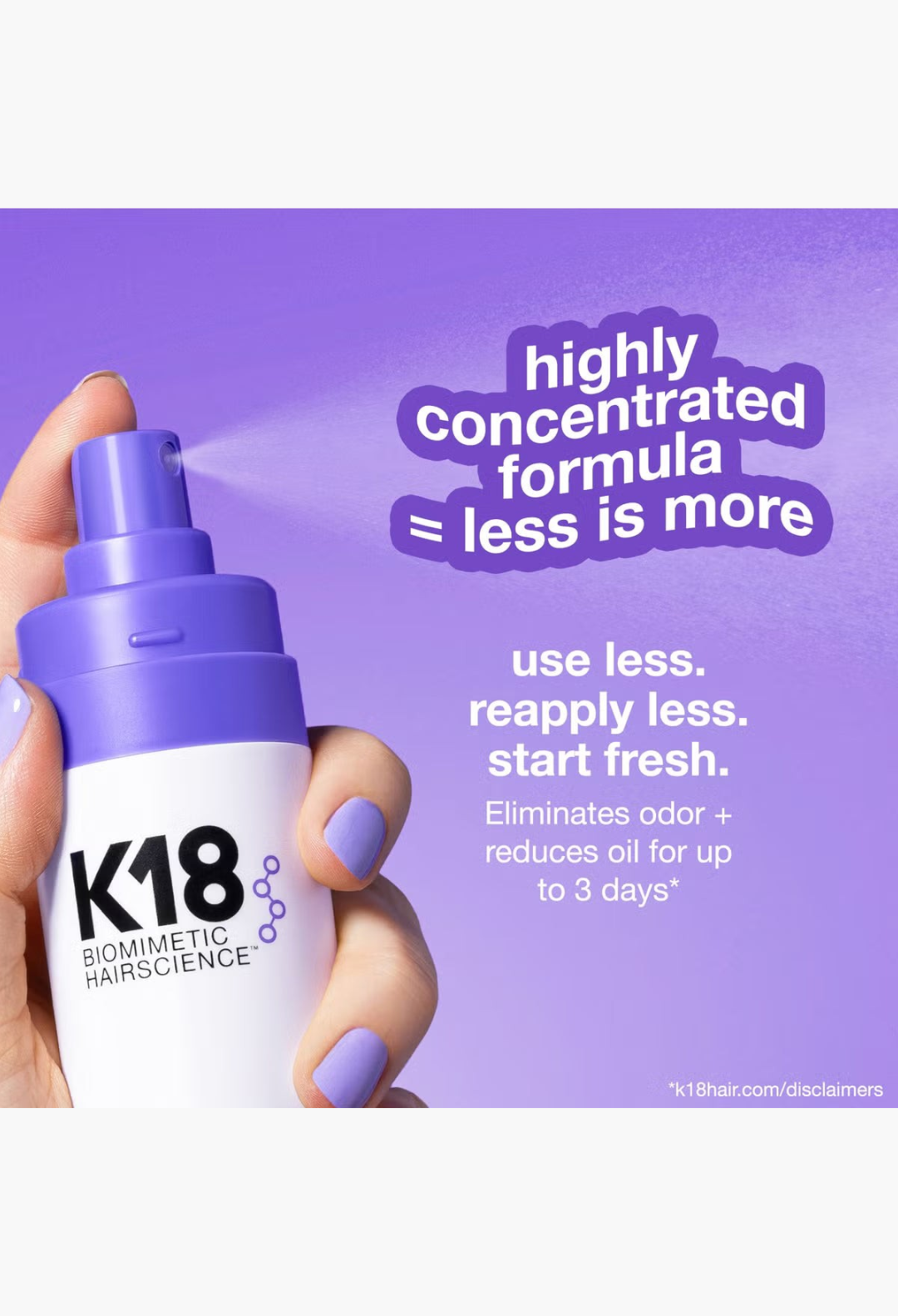 GLAM MODA K18 Biomimetic Hairscience Airwash dry shampoo mini bottle held in a hand with matching purple nail polish