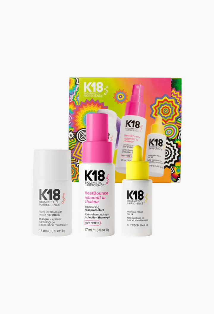 GLAM MODA K18 Repair, Protect, and Smooth hair care set featuring a mask, heat protectant, and oil in vibrant packaging.