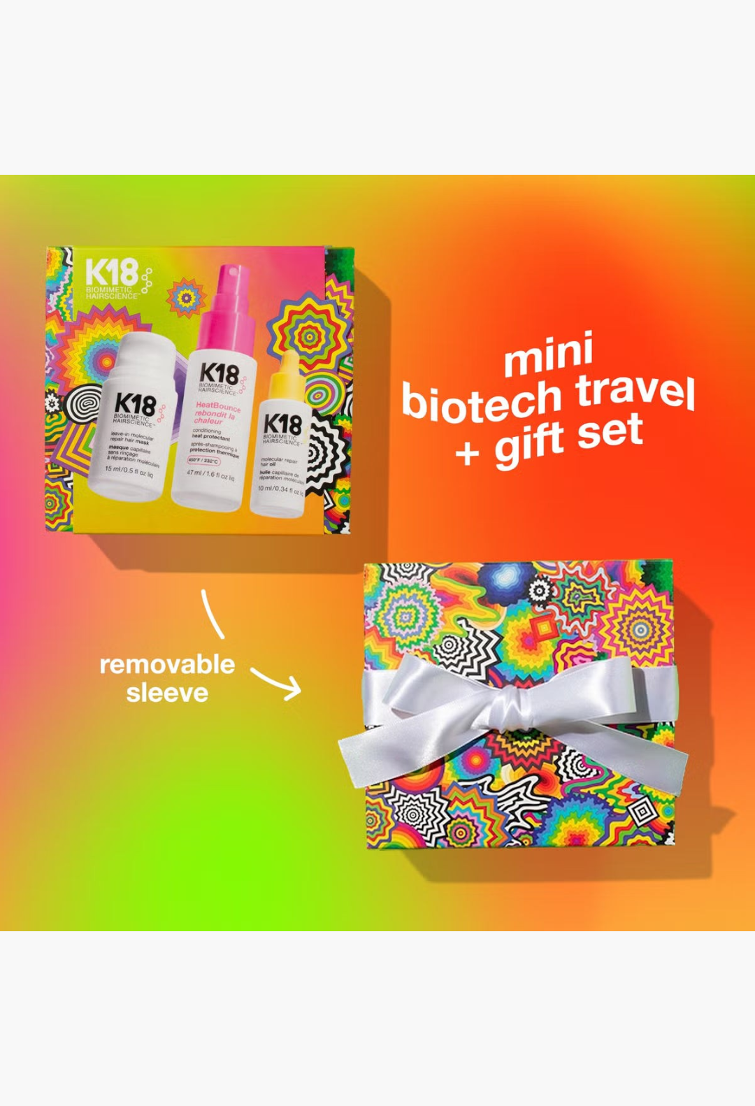 GLAM MODA K18 Repair, Protect and Smooth set featuring hair mask, heat protectant, and oil in vibrant gift box.