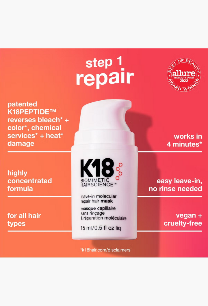 GLAM MODA K18 Leave-In Molecular Repair Hair Mask in a small pink pump bottle for damaged hair treatment