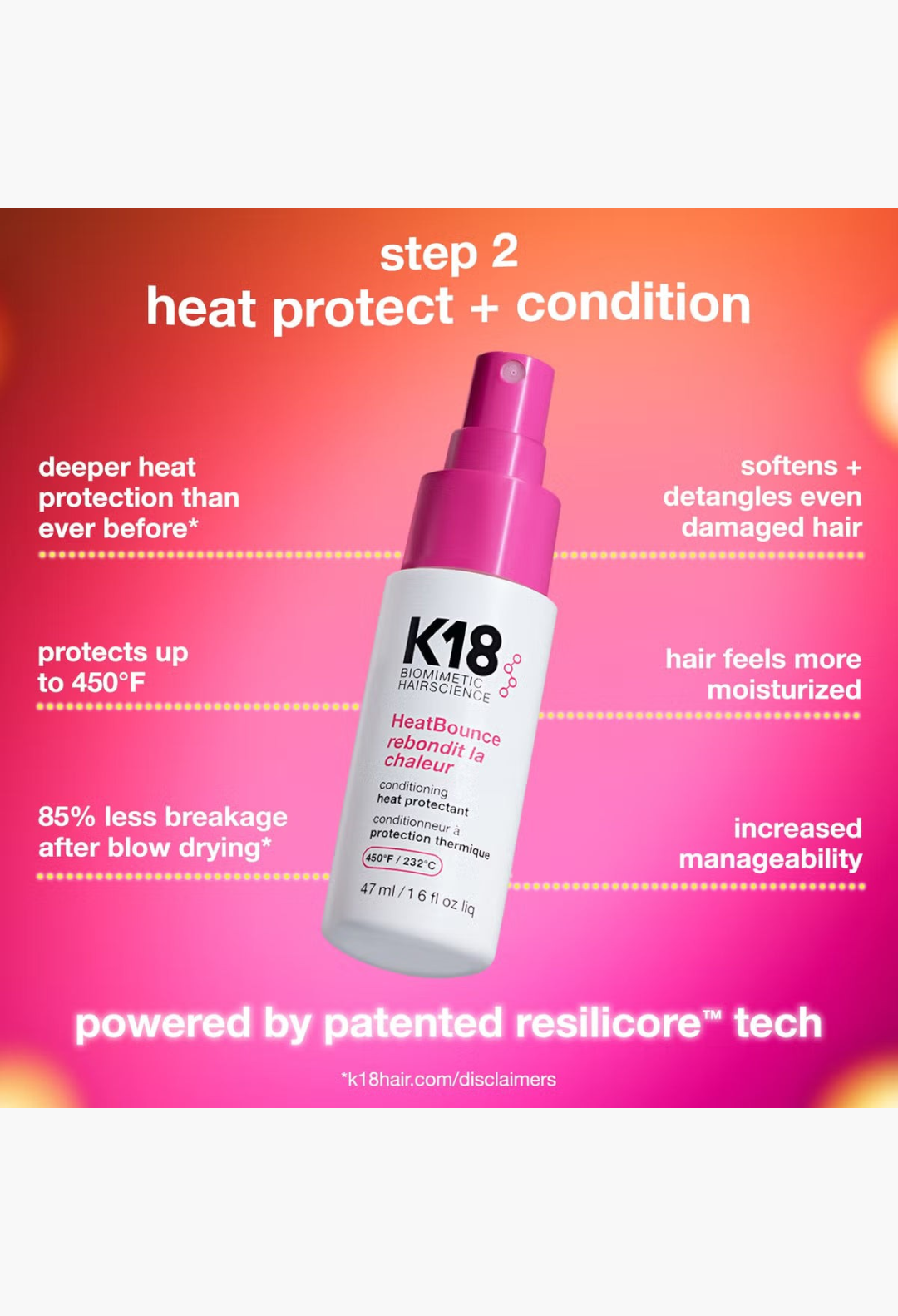 GLAM MODA K18 HeatBounce conditioning heat protectant spray bottle with a vibrant pink pump and white label.