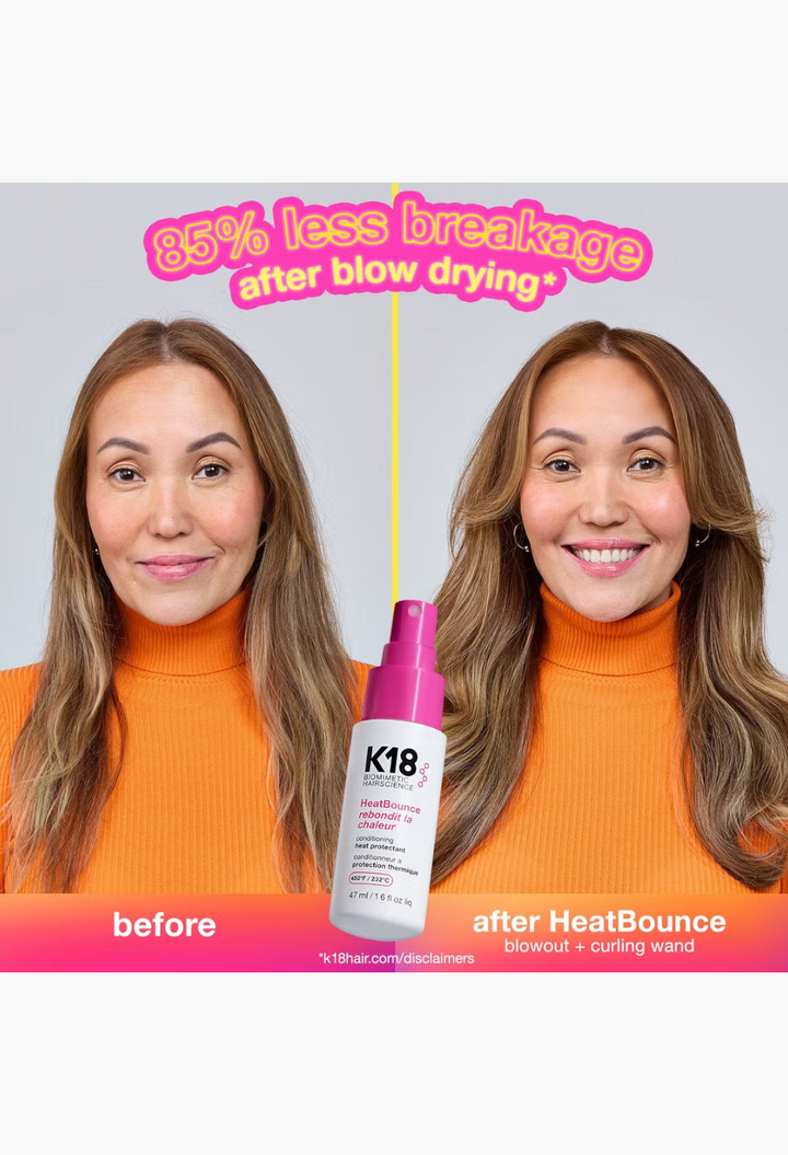 GLAM MODA K18 HeatBounce hair protectant spray shown in a before and after comparison demonstrating reduced breakage