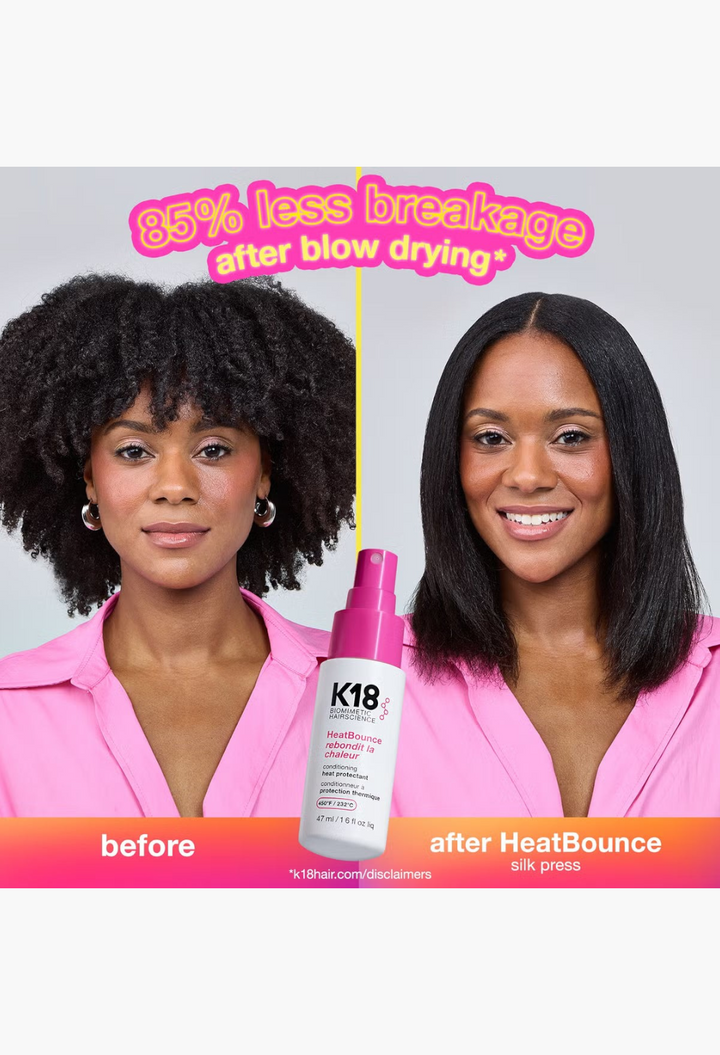 GLAM MODA K18 HeatBounce hair protectant showing before and after results of a silk press with 85% less breakage