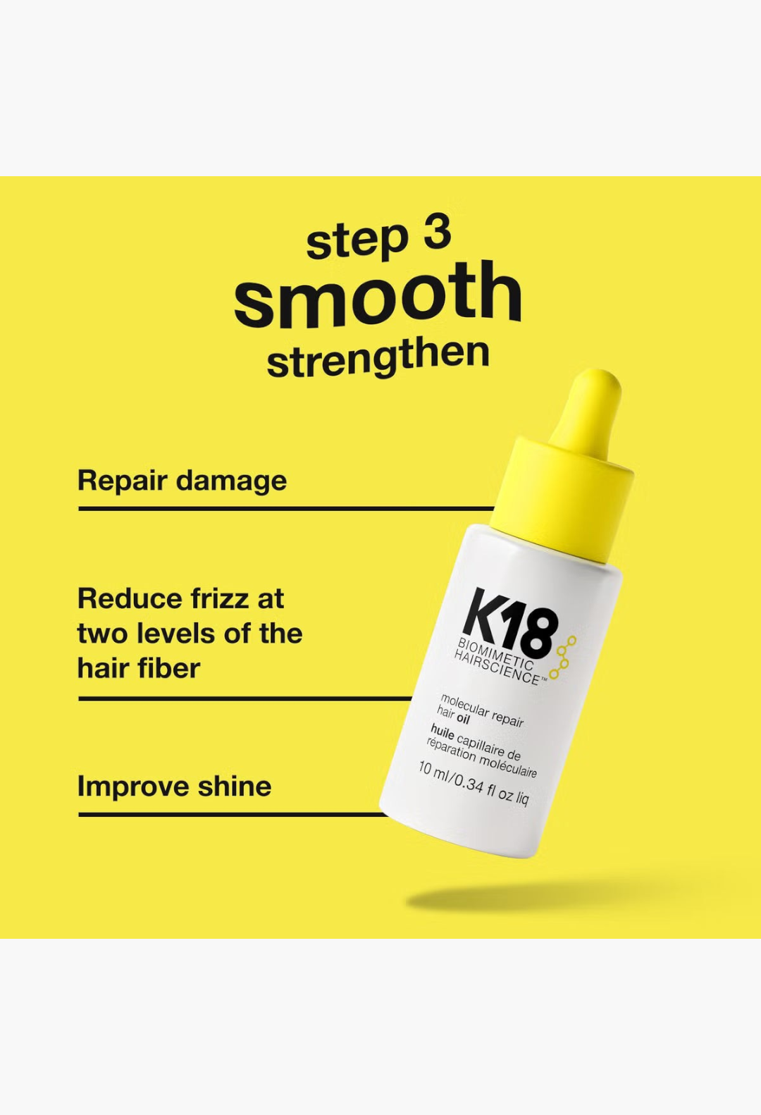 GLAM MODA K18 molecular repair hair oil bottle with yellow dropper cap against a white background with text overlay