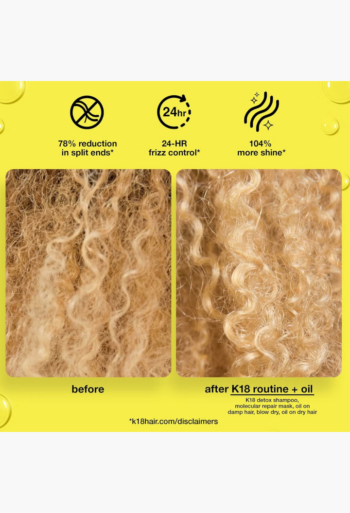 GLAM MODA K18 hair repair results showing curly blonde hair texture before and after treatment with icons
