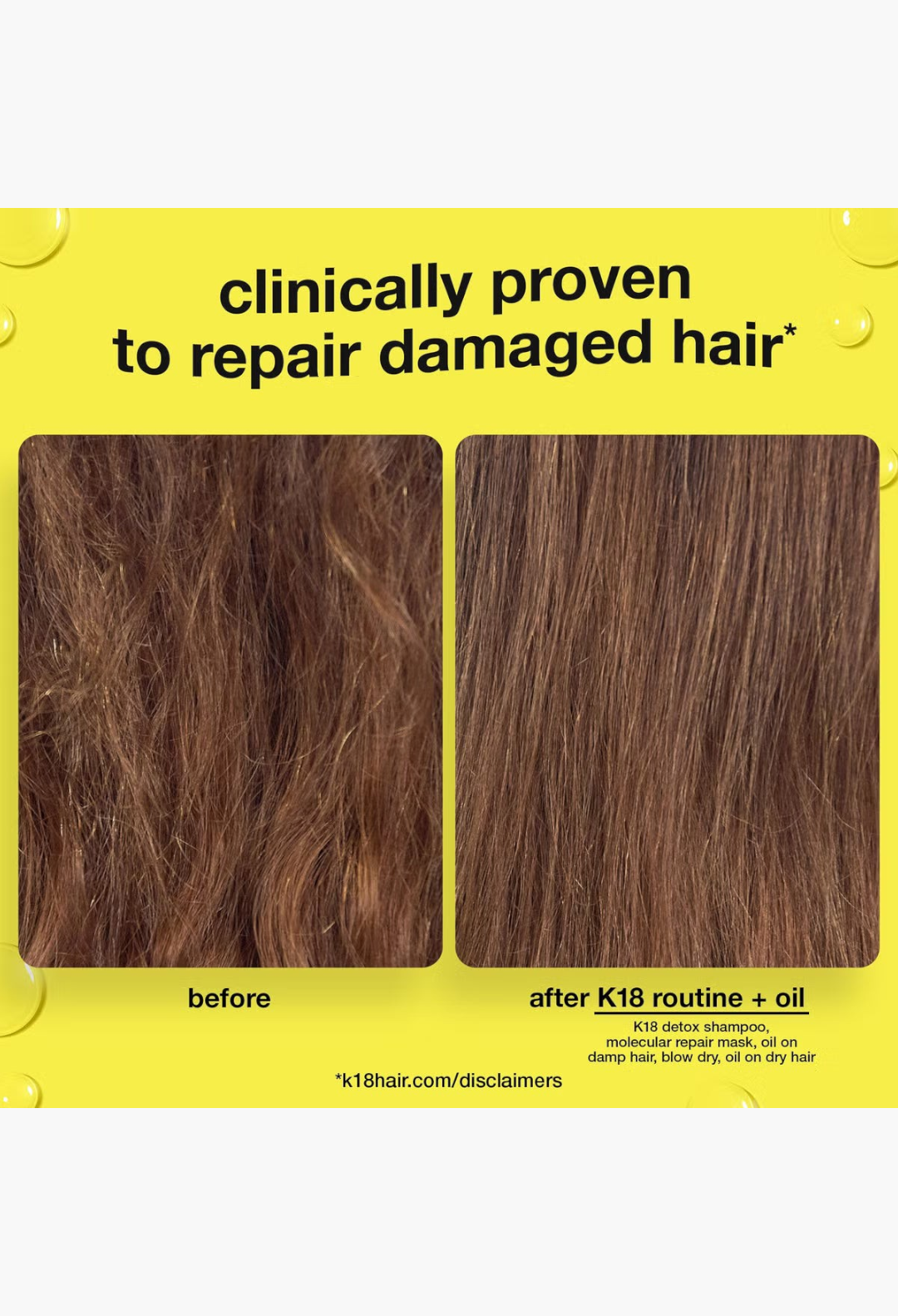 GLAM MODA before and after comparison showing hair repair results from K18 Biomimetic Hairscience treatment