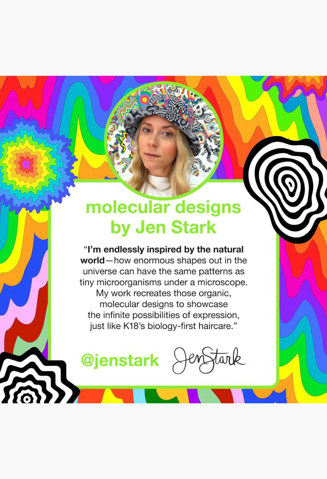 GLAM MODA promotional graphic featuring artist Jen Stark and her vibrant molecular designs for K18 hair products.