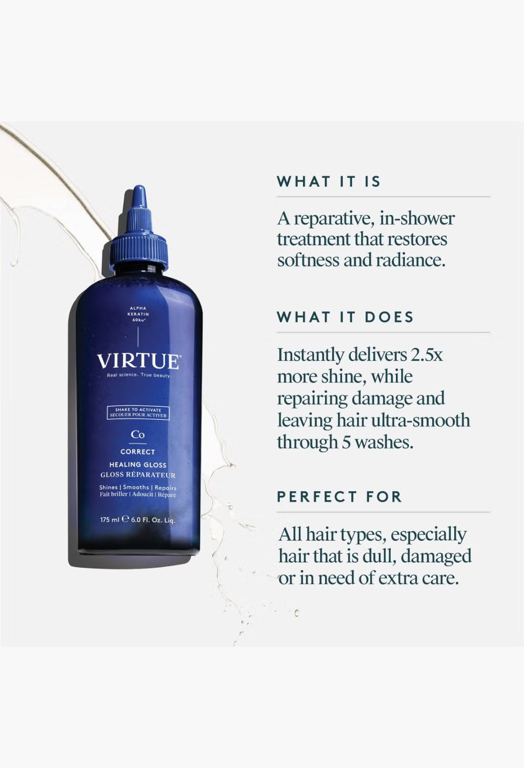GLAM MODA Virtue Healing Gloss 175ml hair treatment bottle with blue packaging and keratin repair formula