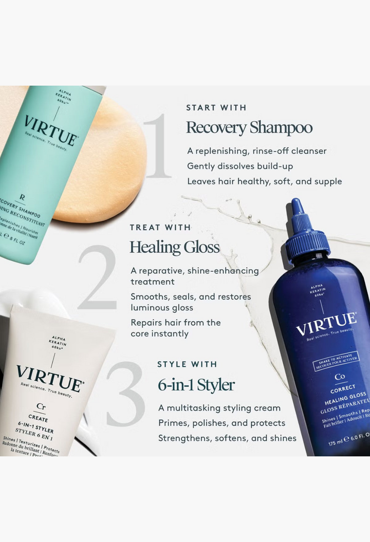 GLAM MODA Virtue hair care routine featuring Recovery Shampoo, Healing Gloss treatment, and 6-in-1 Styler cream.