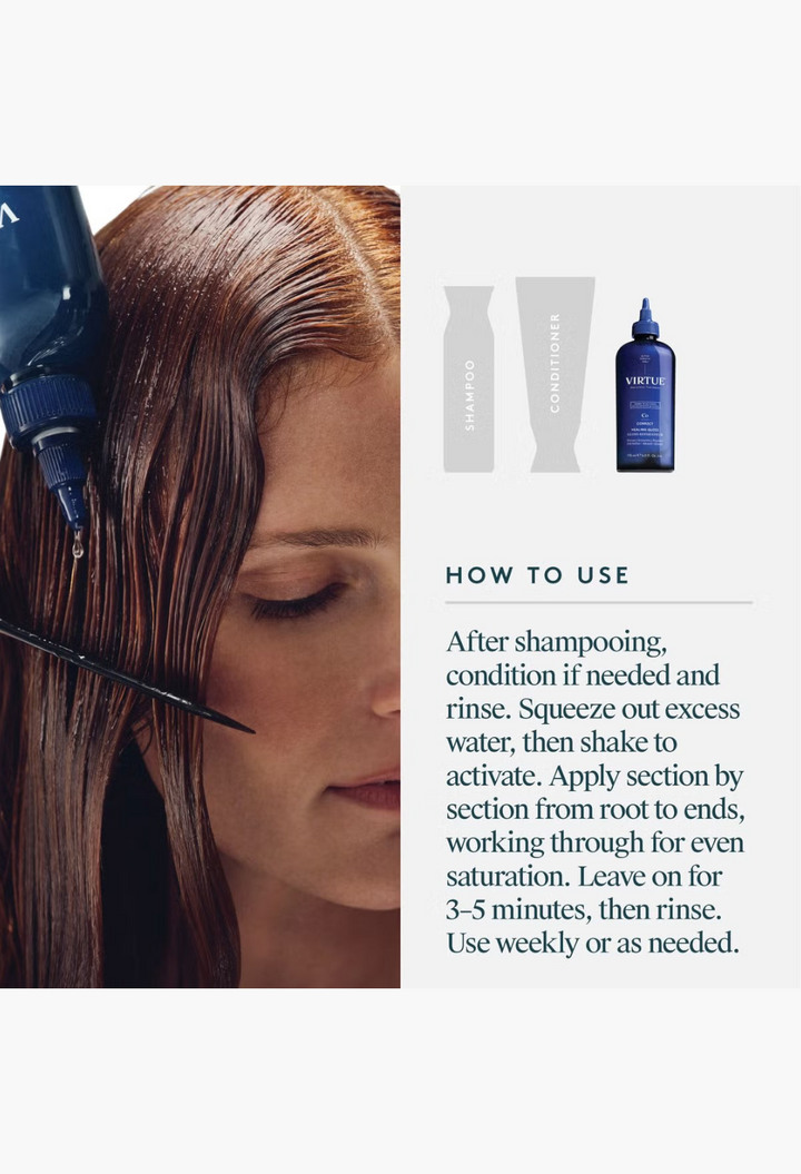 GLAM MODA Virtue Healing Gloss hair treatment being applied to damp hair with instructions on how to use