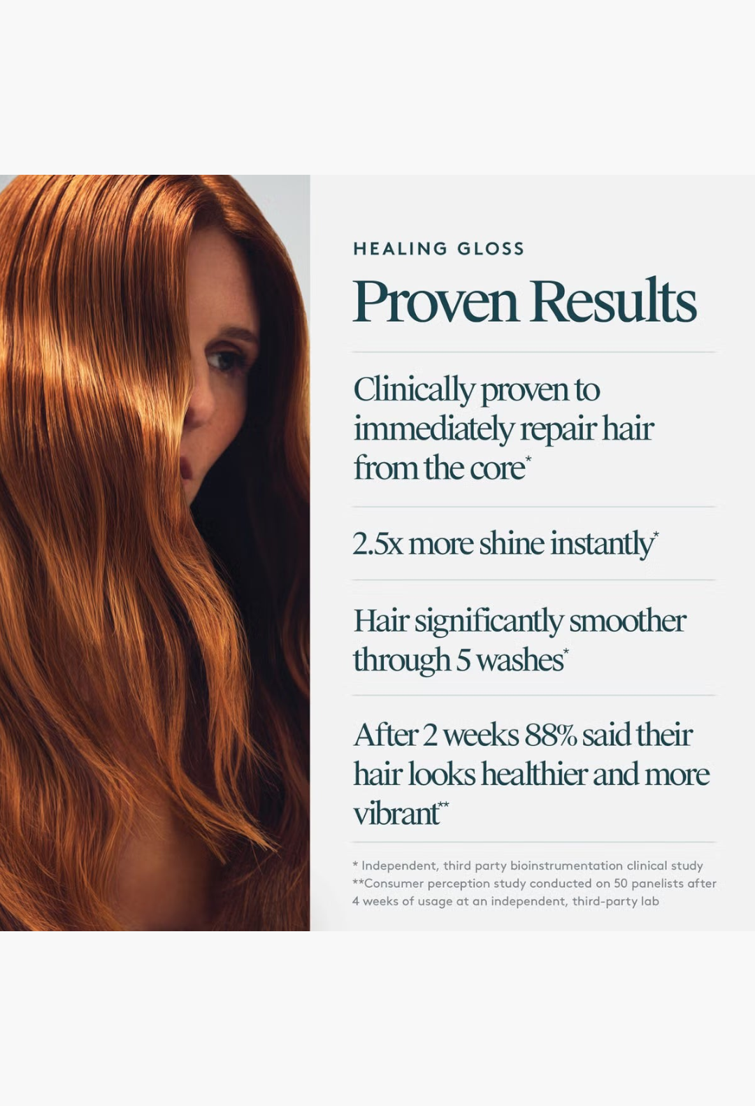 GLAM MODA model with long, vibrant copper-toned hair showcasing a smooth, glossy finish after using Healing Gloss.