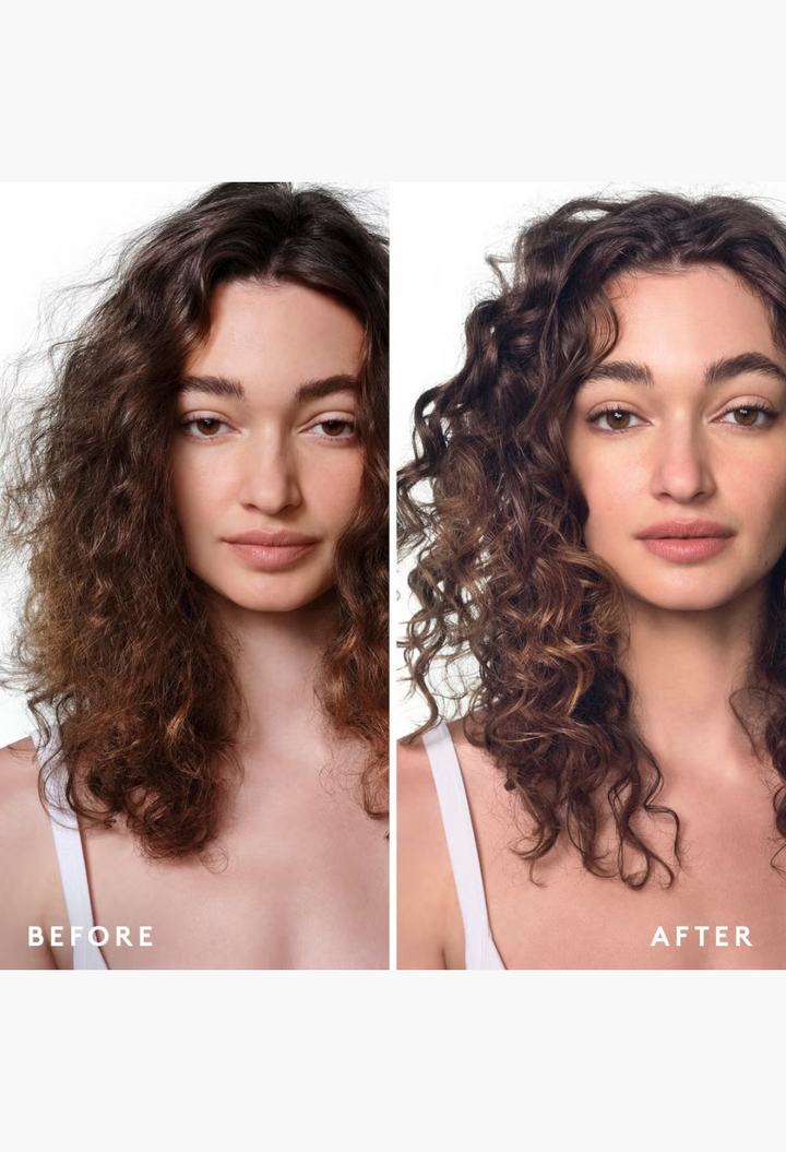 GLAM MODA Virtue Healing Gloss before and after comparison showing a woman with frizzy versus smooth defined curls