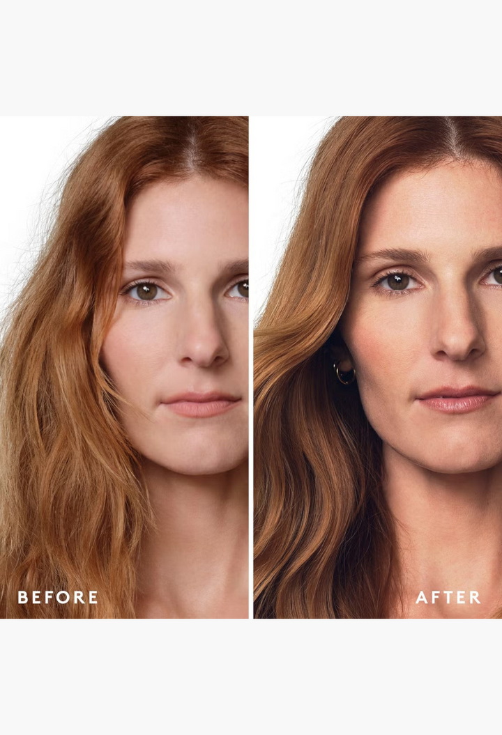 GLAM MODA before and after comparison of hair treated with VIRTUE Healing Gloss showing smoother, shinier results.