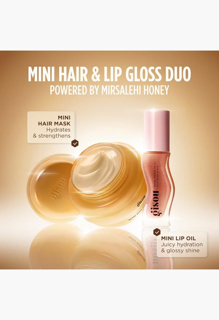 GLAM MODA Gisou Mini Gloss Duo featuring a honey-infused hair mask jar and a Glazed Plum lip oil on a gold background.