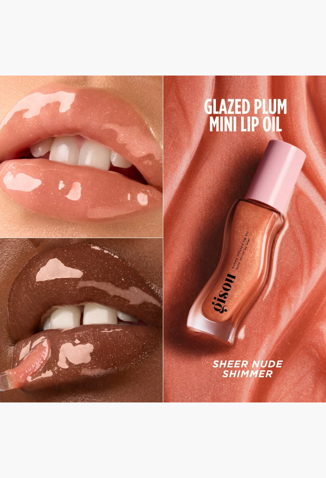 GLAM MODA Gisou Mini Gloss Duo featuring honey-infused Glazed Plum lip oil with a glossy, tinted finish.