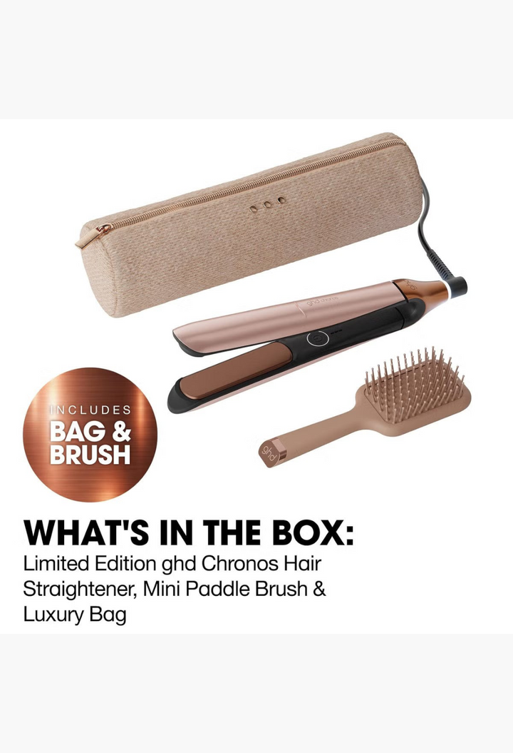 GLAM MODA ghd Chronos hair straightener set in rose gold, including a matching paddle brush and a textured storage bag.
