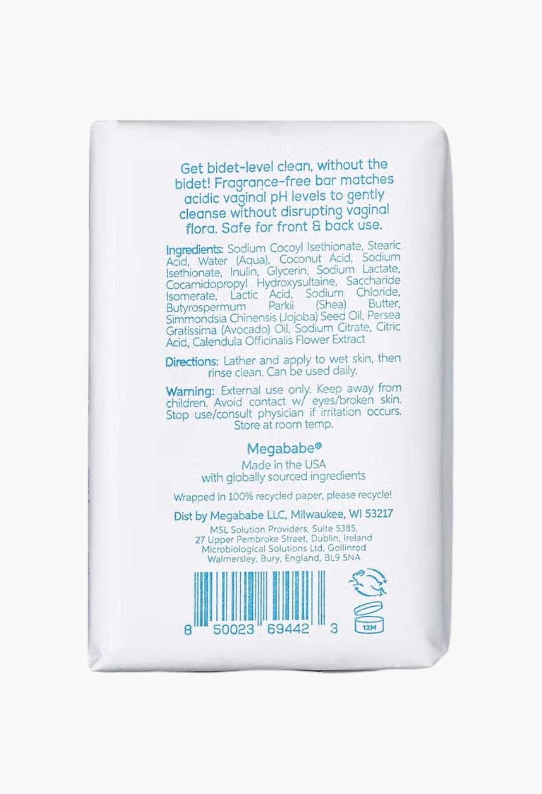 GLAM MODA Megababe Bidet Bar feminine cleansing bar packaging back view with ingredients and usage instructions
