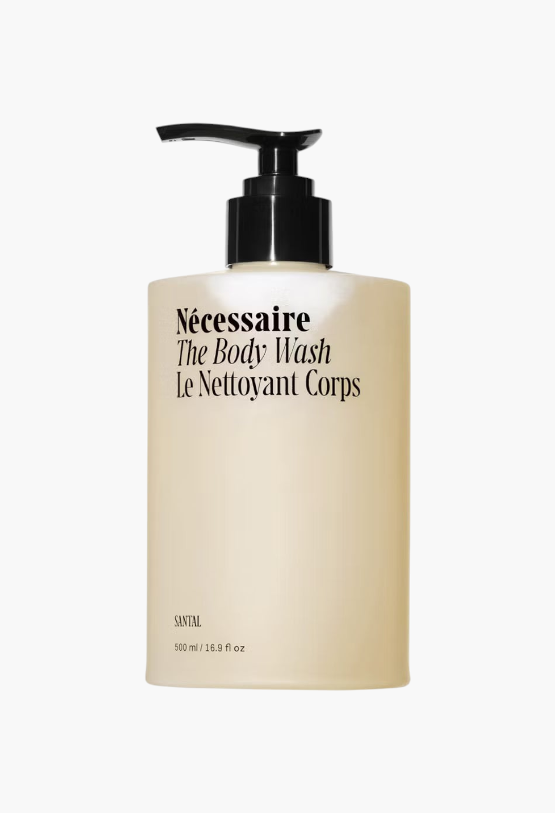 GLAM MODA Nécessaire The Body Wash Santal in a minimalist beige 500ml pump bottle with black typography