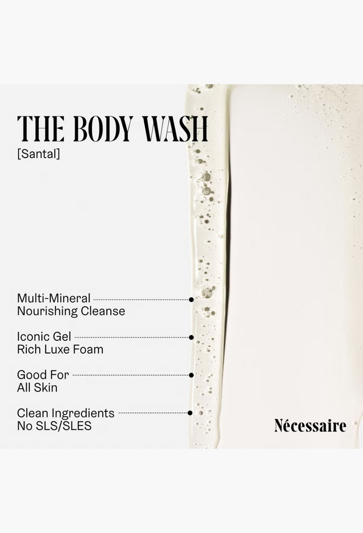 GLAM MODA Nécessaire The Body Wash Santal oil-in-gel texture with key benefits listed on a minimalist background