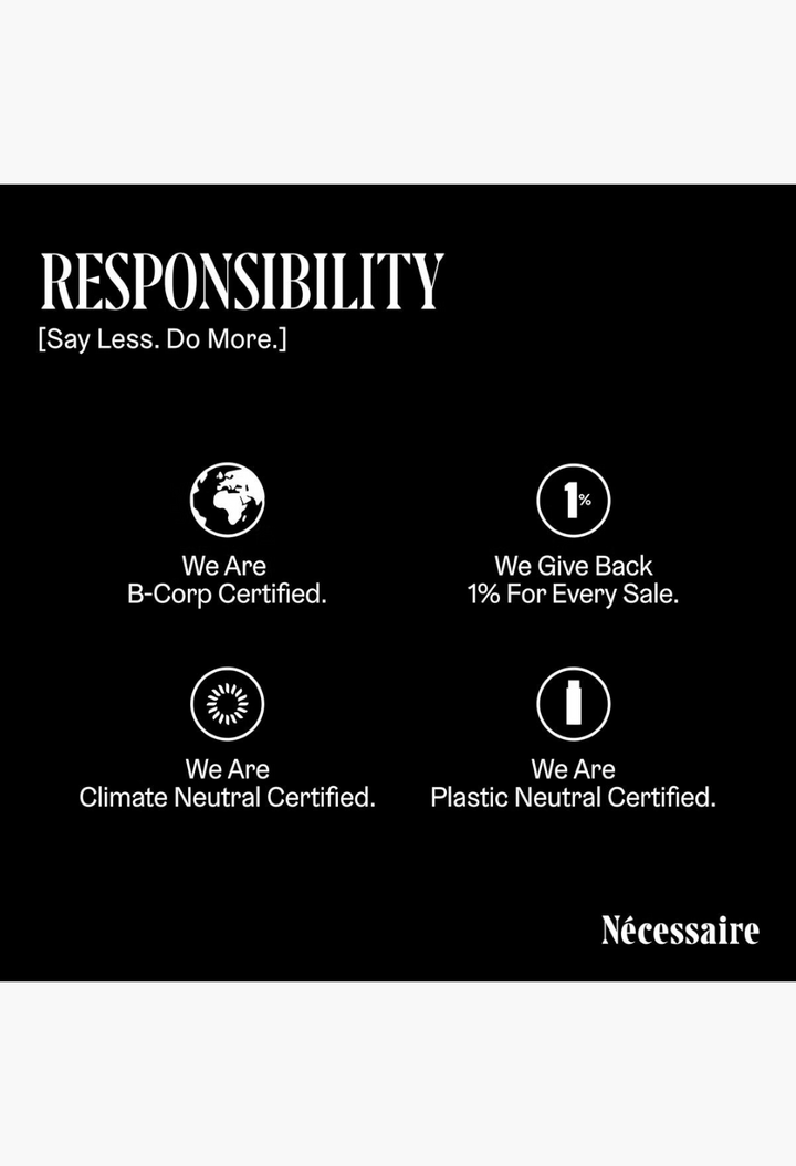 GLAM MODA infographic showing Nécessaire sustainability certifications including B-Corp, Climate, and Plastic Neutral