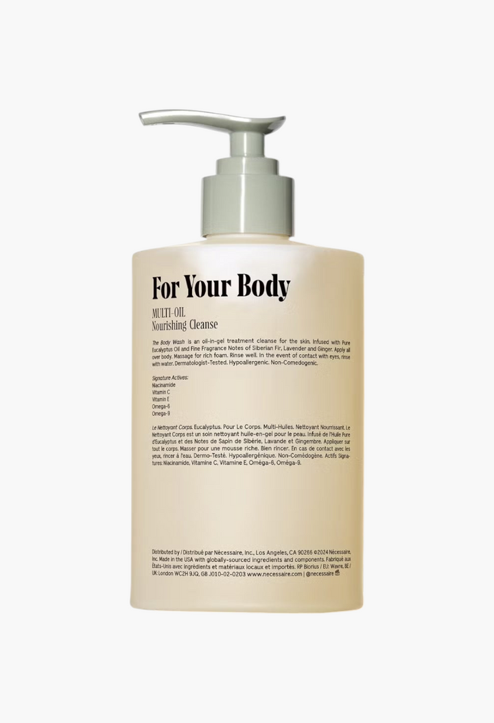 GLAM MODA Nécessaire The Body Wash Eucalyptus in a minimalist beige bottle with a pump dispenser.