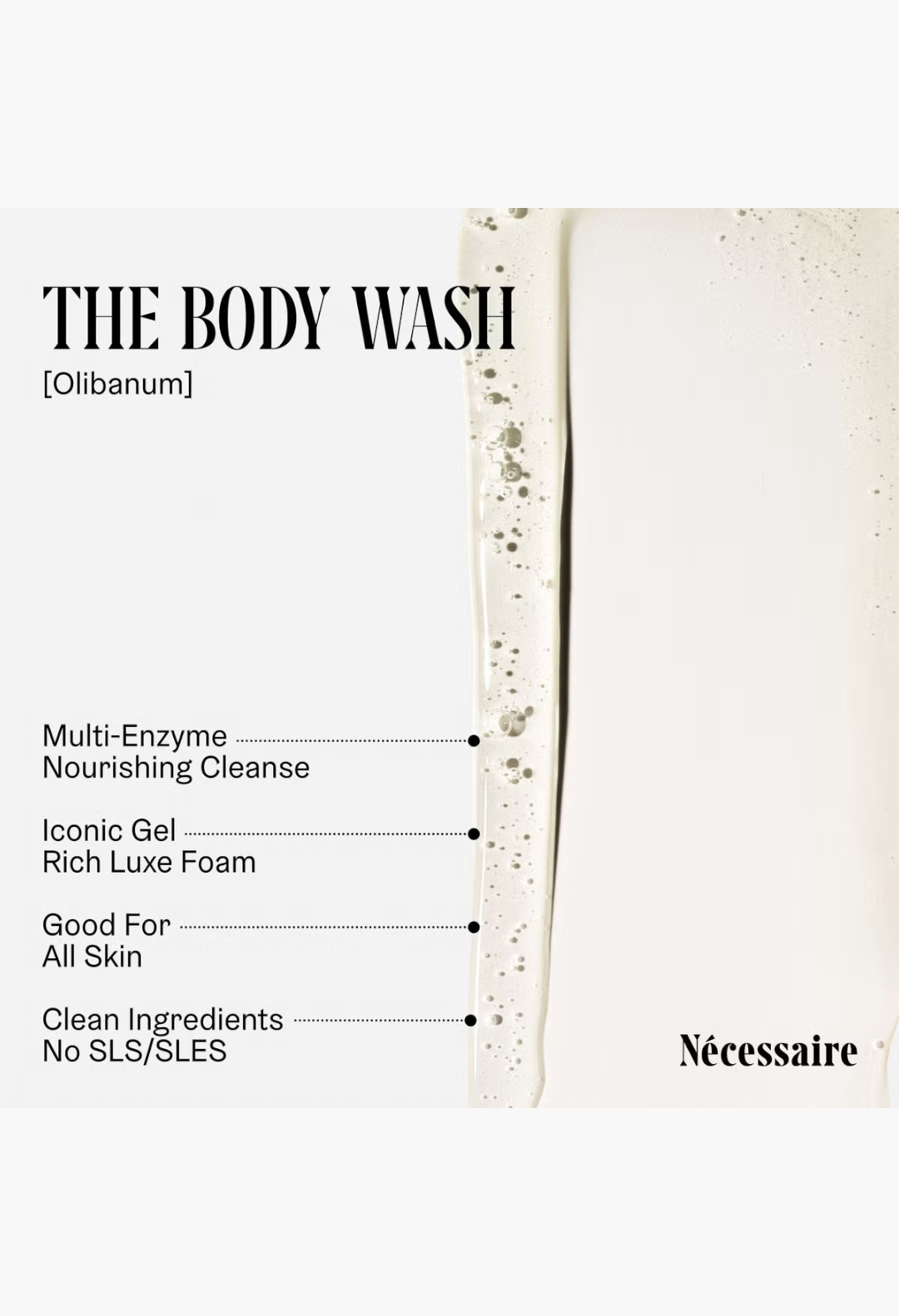 GLAM MODA Nécessaire The Body Wash Olibanum gel texture showing multi-enzyme nourishing formula and rich lather