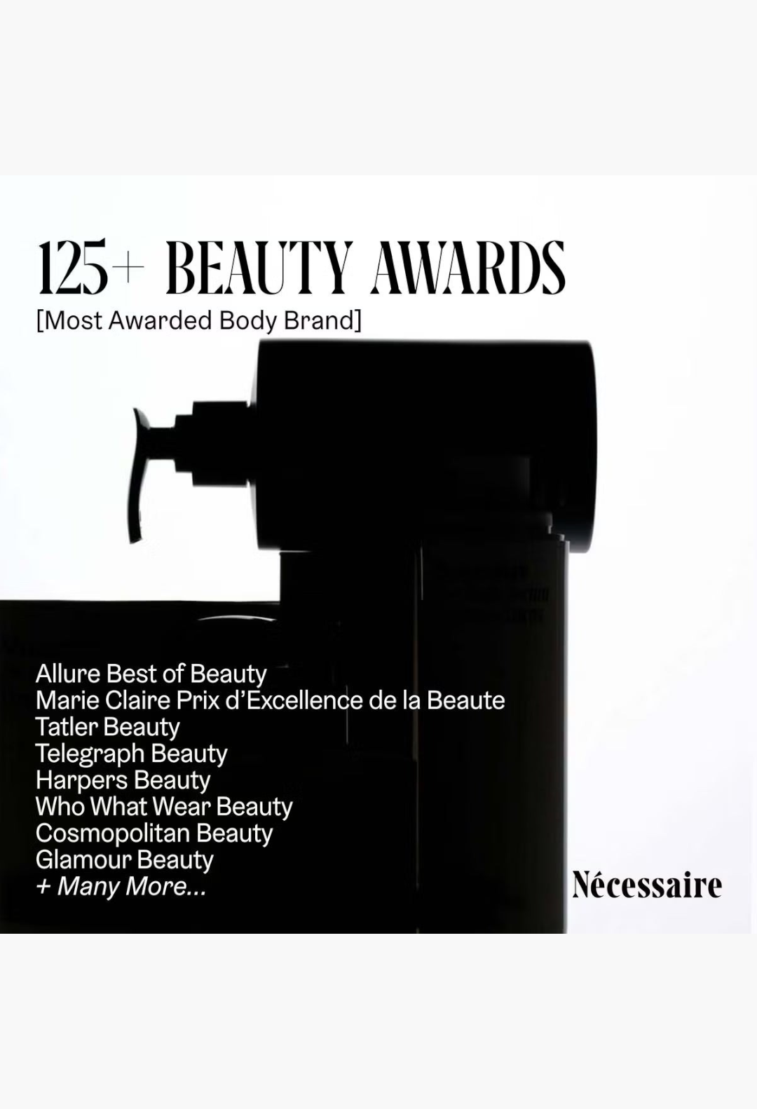 GLAM MODA Nécessaire The Body Wash Olibanum bottle silhouette against a list of beauty awards