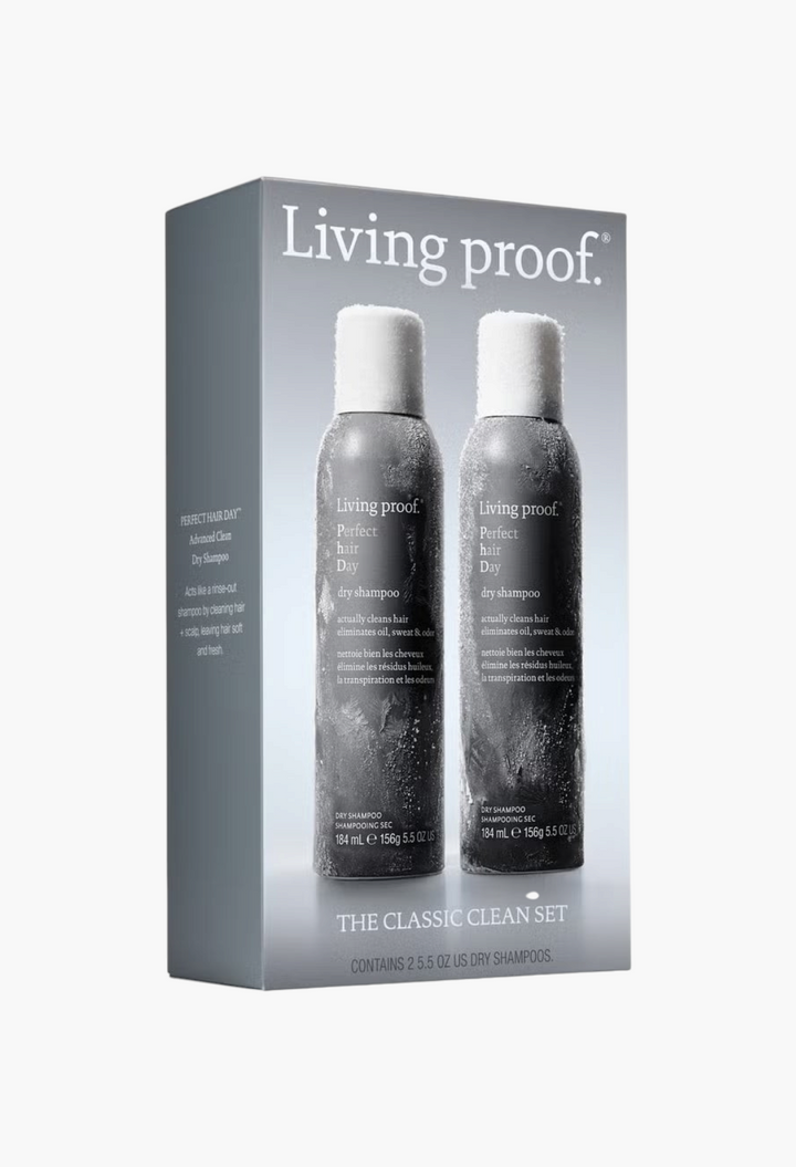 GLAM MODA Living Proof The Classic Clean Set featuring two Perfect hair Day dry shampoo bottles in a silver box.