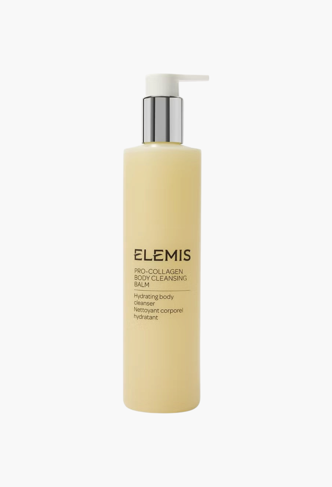 GLAM MODA Elemis Pro-Collagen Body Cleansing Balm in a tall, pale yellow bottle with a convenient white pump dispenser.