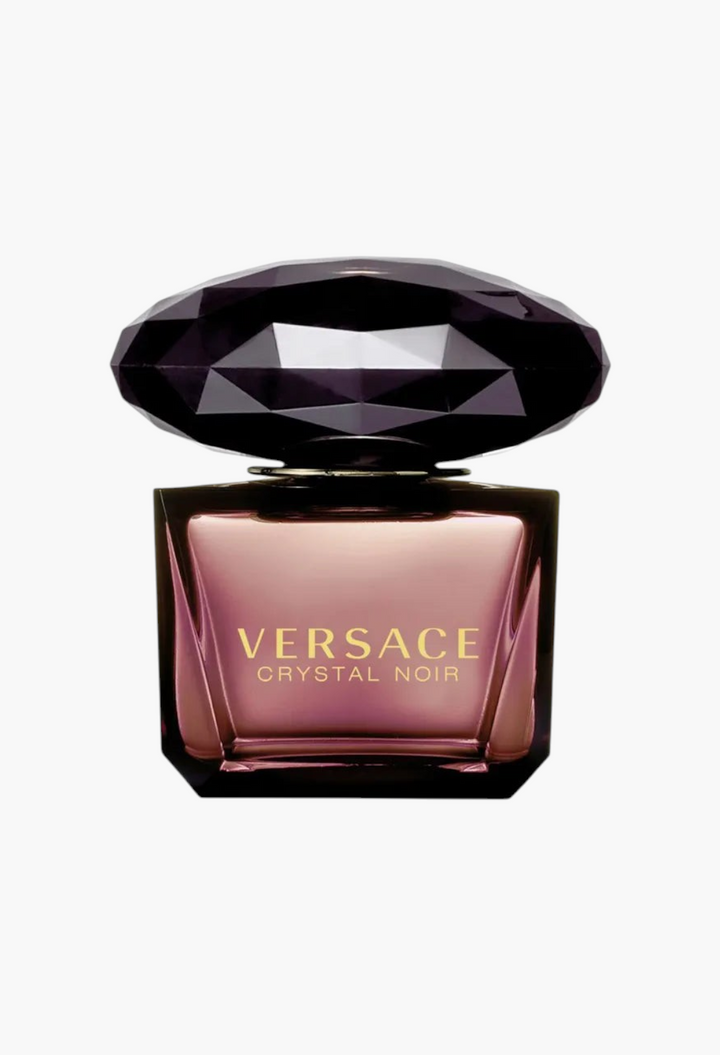 GLAM MODA Versace Crystal Noir Eau de Parfum 90ml in a dark purple glass bottle with a faceted diamond-shaped cap.