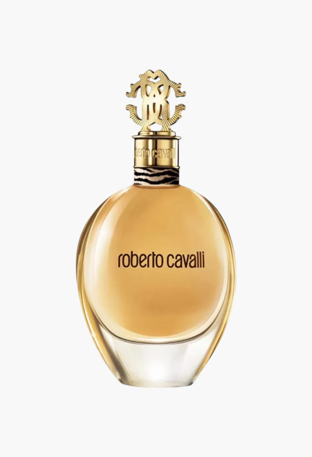 GLAM MODA Roberto Cavalli EDP perfume in a rounded glass bottle with a gold logo cap and amber floral fragrance.