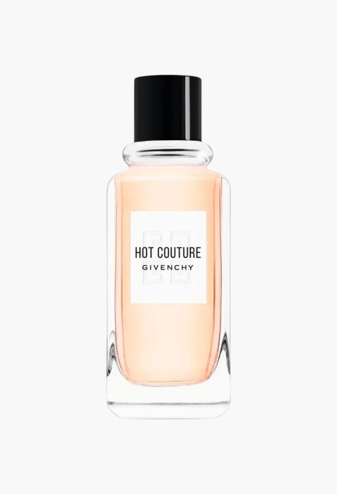 GLAM MODA Hot Couture Eau de Parfum in a clear glass bottle with a black cap and peach-toned fragrance liquid.