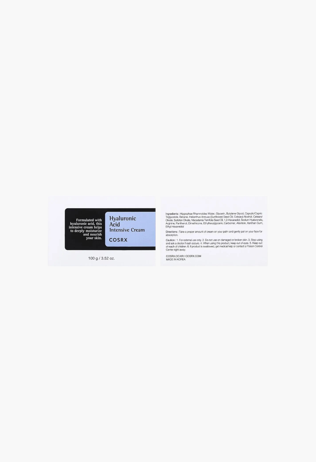 GLAM MODA Hyaluronic Acid Intensive Cream packaging label showing ingredients and directions for dry skin care.