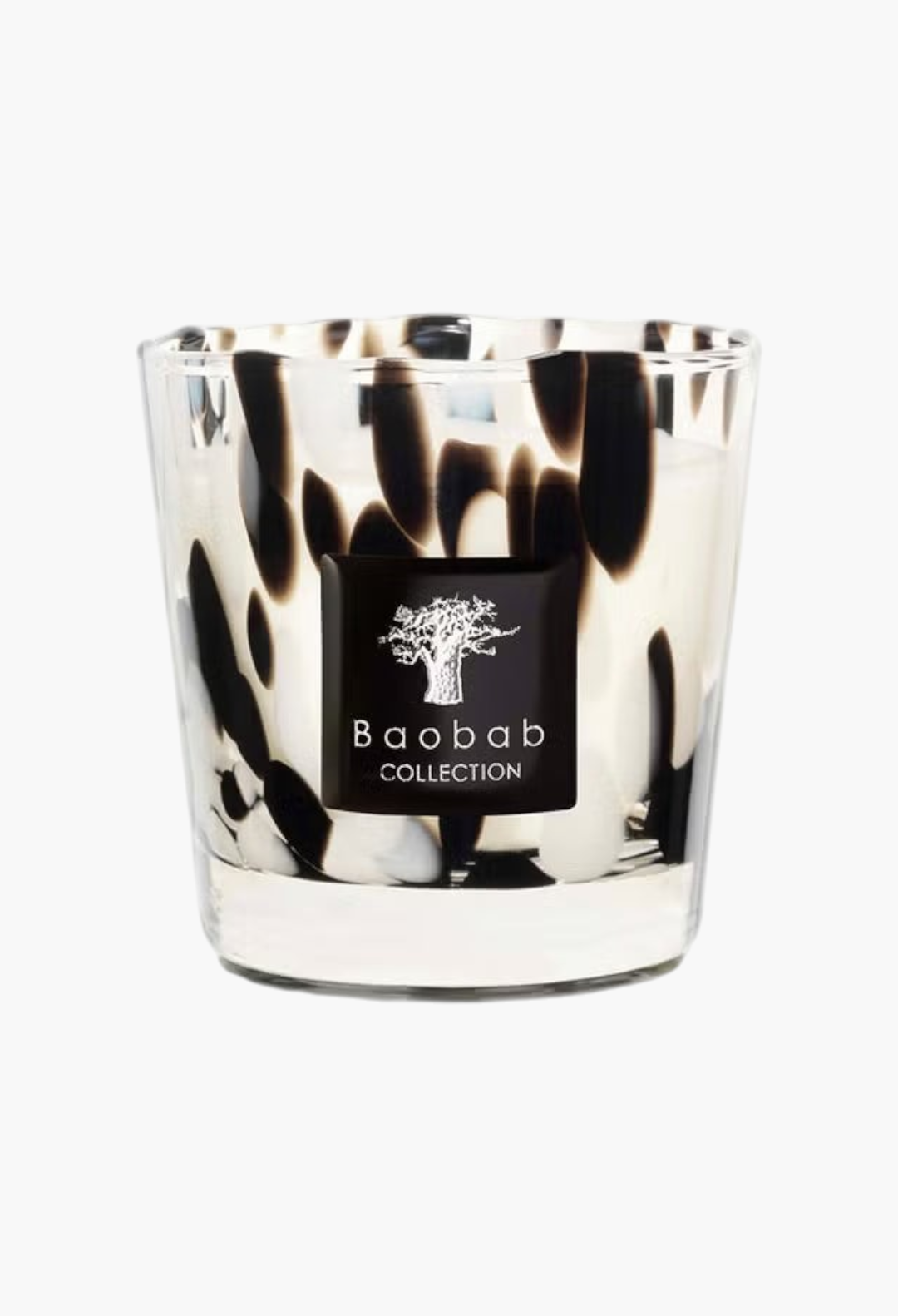 GLAM MODA Baobab Collection Pearls Black Classique scented candle in hand-blown glass with black and white patterns