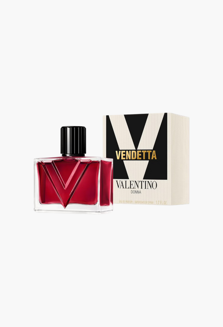 GLAM MODA Valentino Vendetta Donna Eau de Parfum bottle and box featuring a bold red liquid and architectural design.