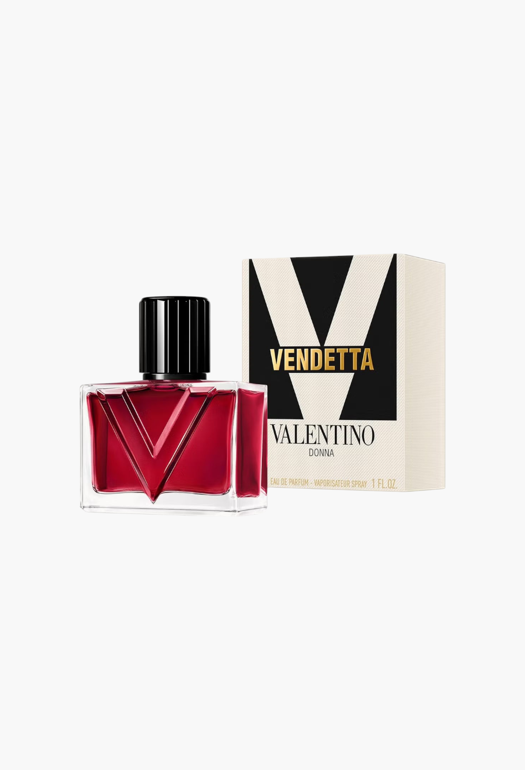 GLAM MODA Valentino Vendetta Donna Eau de Parfum bottle with red liquid and matching box on a white background