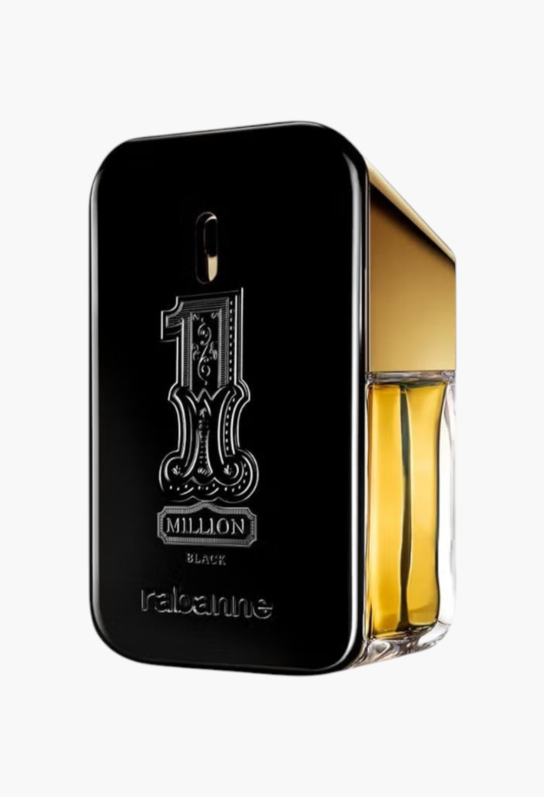 GLAM MODA Rabanne 1 Million Black Eau de Parfum in a sleek black and gold glass bottle with amber fragrance liquid