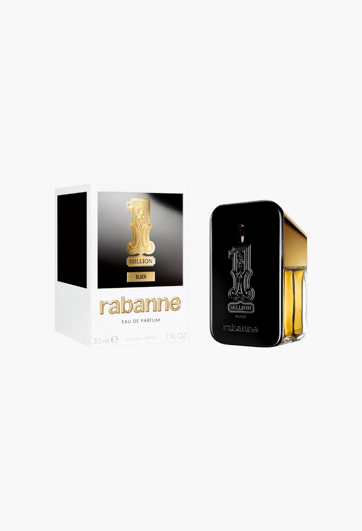 GLAM MODA Rabanne 1 Million Black Eau de Parfum bottle and packaging featuring a sleek black and gold design.
