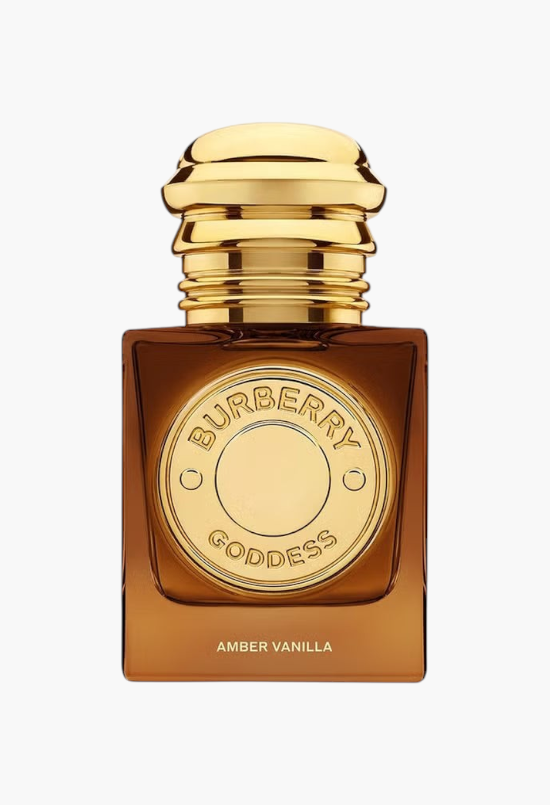 GLAM MODA Burberry Goddess Amber Vanilla perfume in a square amber glass bottle with a golden cap and medallion.