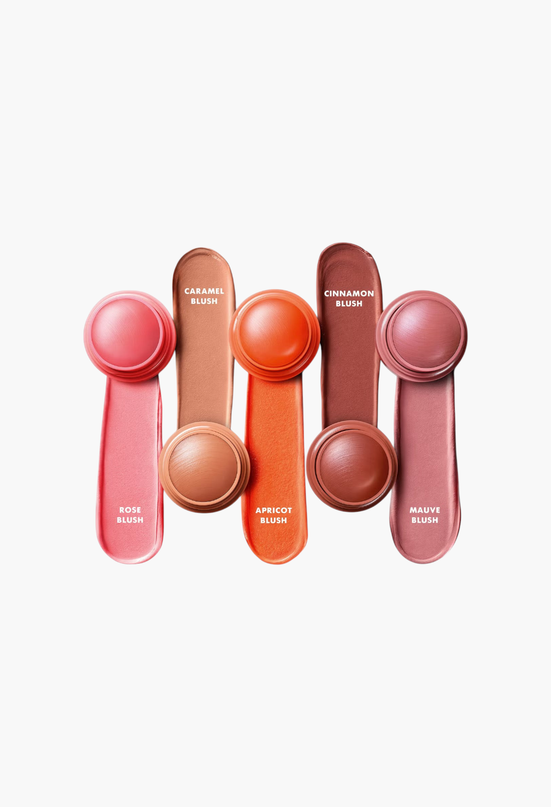 GLAM MODA Armani Dolci Blush collection featuring five cream-to-powder blush sticks in various shades with swatches.
