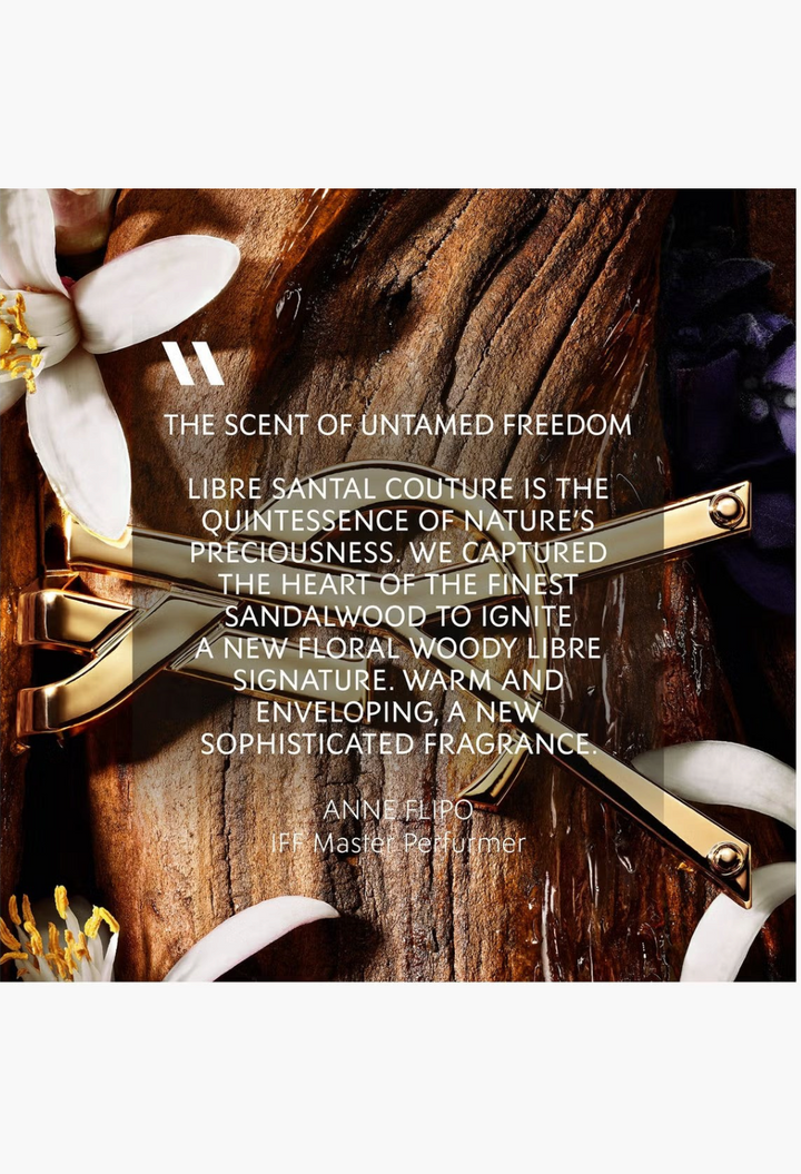 GLAM MODA YSL Libre Santal Couture perfume bottle detail featuring gold hardware against a textured wood background